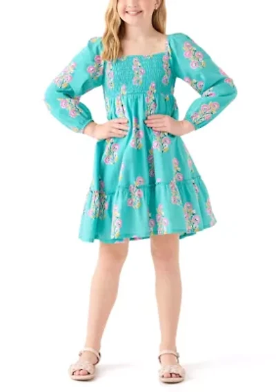 Girls 7-16 Long Sleeve Smocked Printed Dress