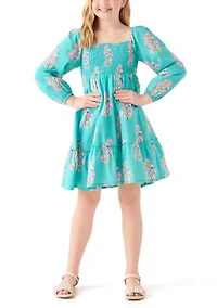 Girls 7-16 Long Sleeve Smocked Printed Dress