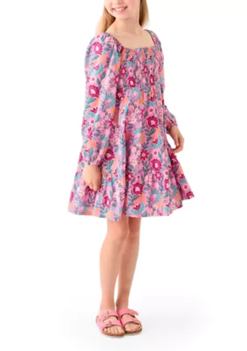 Girls 7-16 Long Sleeve Smocked Printed Dress