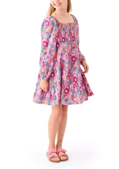 Girls 7-16 Long Sleeve Smocked Printed Dress