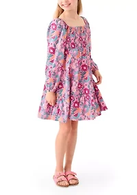 Girls 7-16 Long Sleeve Smocked Printed Dress