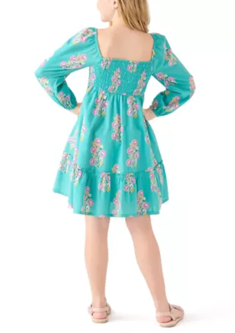 Girls 7-16 Long Sleeve Smocked Printed Dress