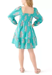 Girls 7-16 Long Sleeve Smocked Printed Dress