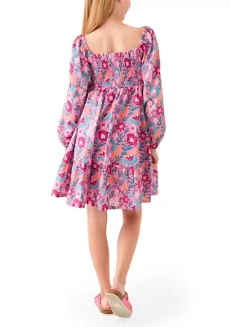 Girls 7-16 Long Sleeve Smocked Printed Dress