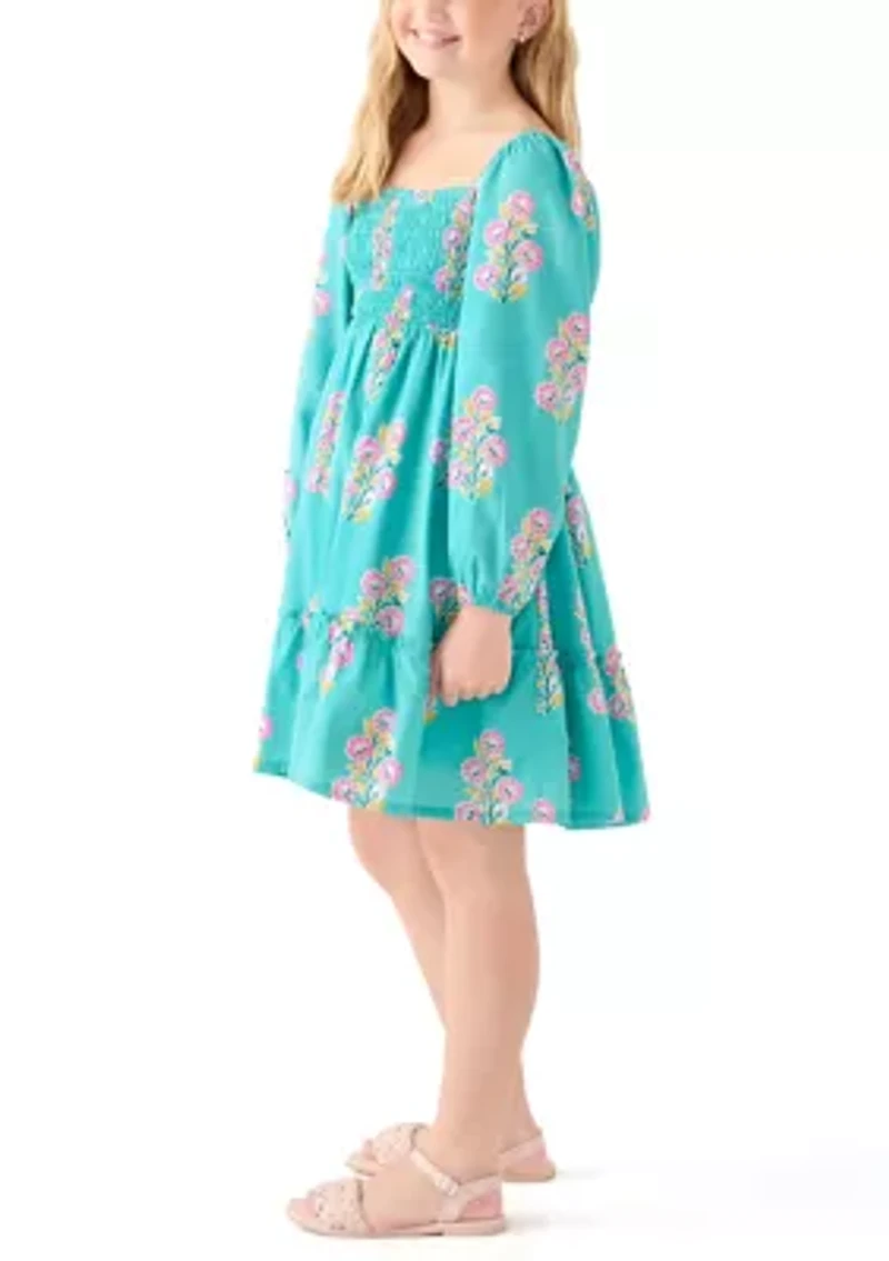 Girls 7-16 Long Sleeve Smocked Printed Dress