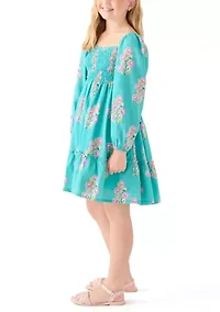 Girls 7-16 Long Sleeve Smocked Printed Dress