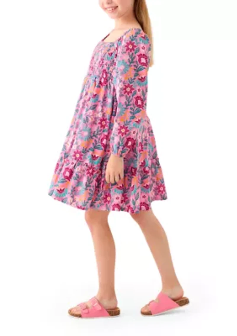 Girls 7-16 Long Sleeve Smocked Printed Dress
