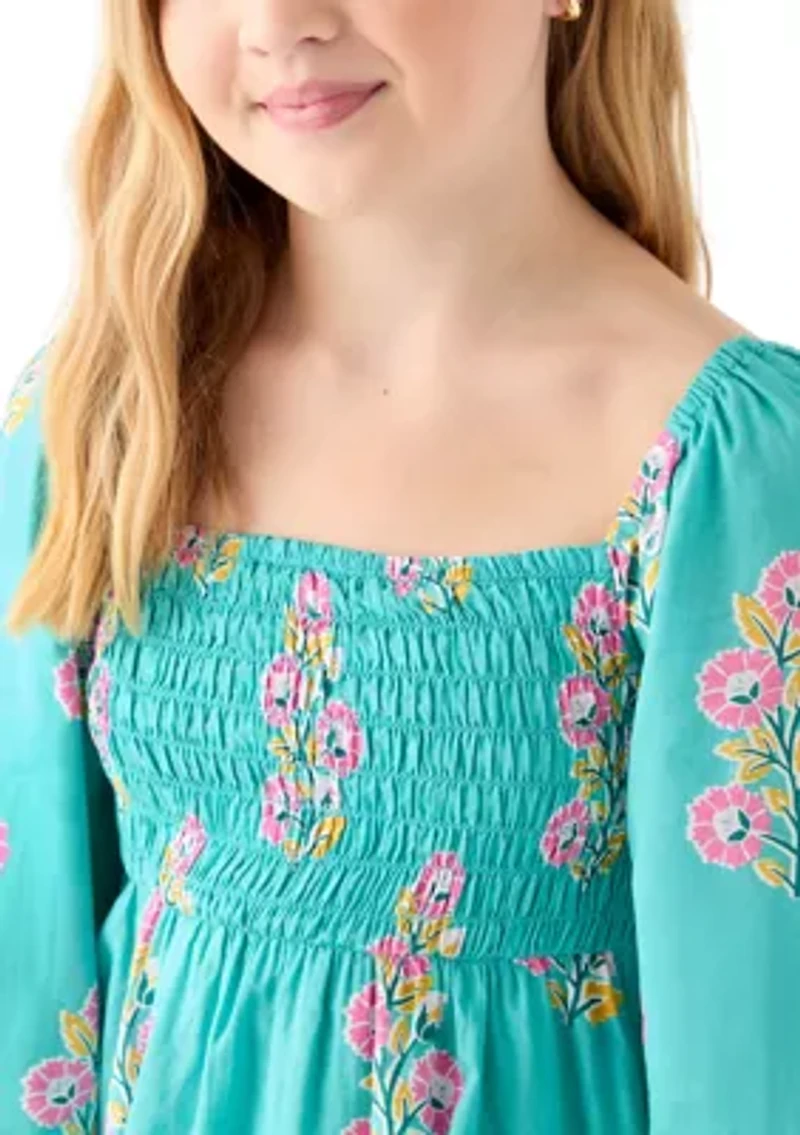 Girls 7-16 Long Sleeve Smocked Printed Dress