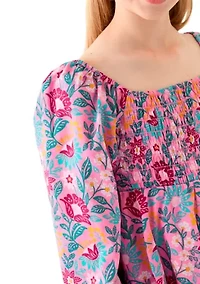 Girls 7-16 Long Sleeve Smocked Printed Dress