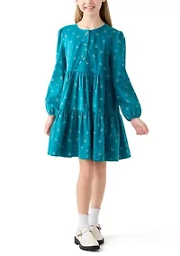 Girls 7-16 Long Sleeve Corduroy Printed Dress