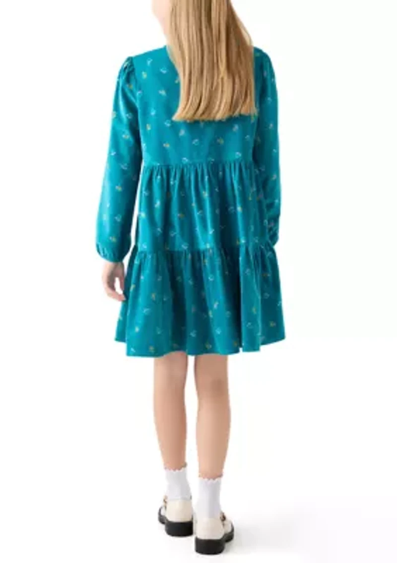 Girls 7-16 Long Sleeve Corduroy Printed Dress