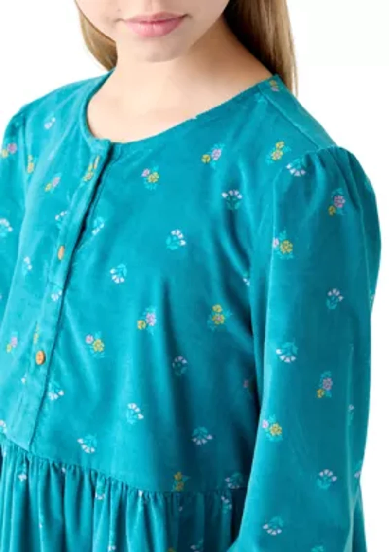 Girls 7-16 Long Sleeve Corduroy Printed Dress