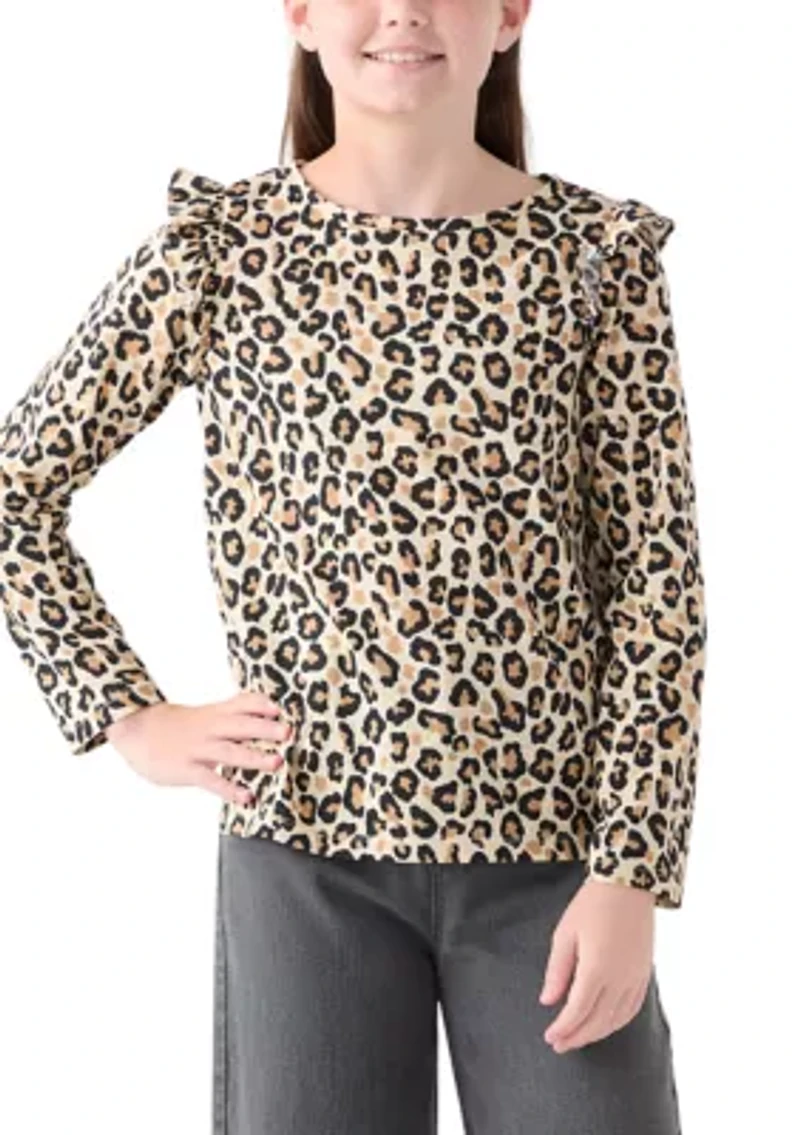 Girls 7-16 Long Sleeve Printed Ruffle Shoulder T-Shirt