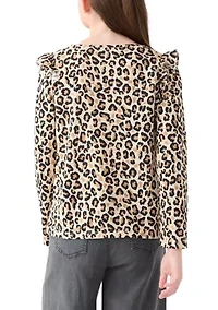 Girls 7-16 Long Sleeve Printed Ruffle Shoulder T-Shirt
