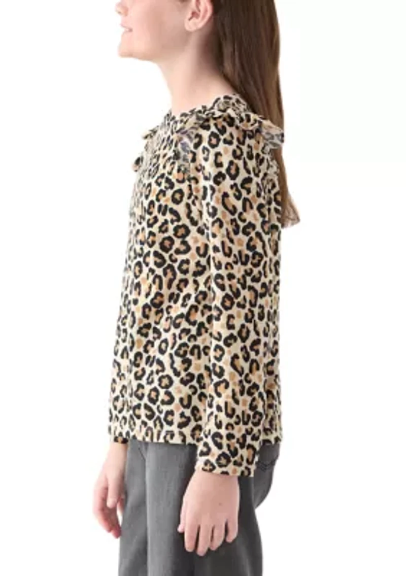 Girls 7-16 Long Sleeve Printed Ruffle Shoulder T-Shirt