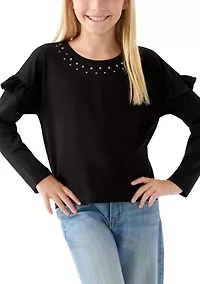 Girls 7-16 Long Ruffle Sleeve Embellished T-Shirt