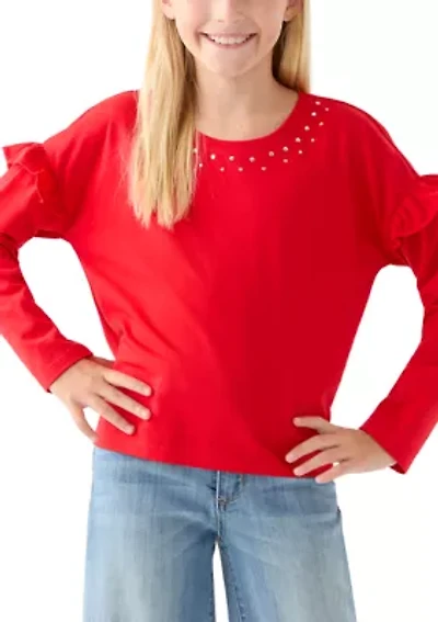 Girls 7-16 Long Ruffle Sleeve Embellished T-Shirt