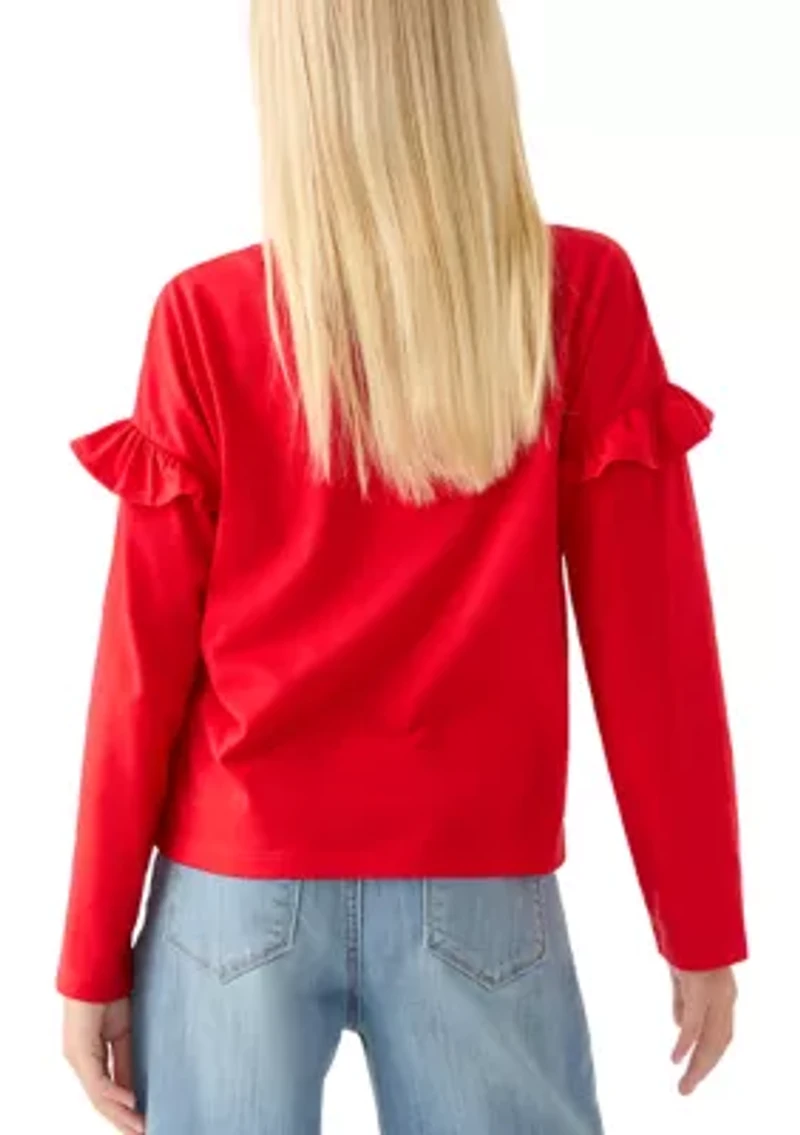 Girls 7-16 Long Ruffle Sleeve Embellished T-Shirt