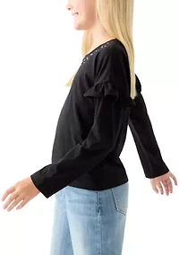 Girls 7-16 Long Ruffle Sleeve Embellished T-Shirt