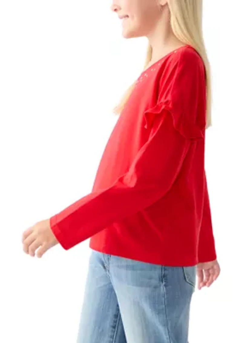 Girls 7-16 Long Ruffle Sleeve Embellished T-Shirt