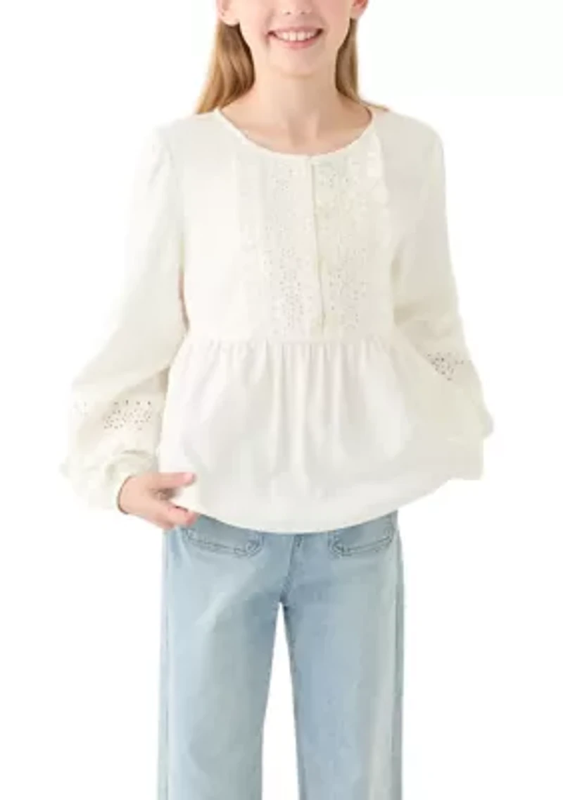 Girls 7-16 Cotton Eyelet Trim Top