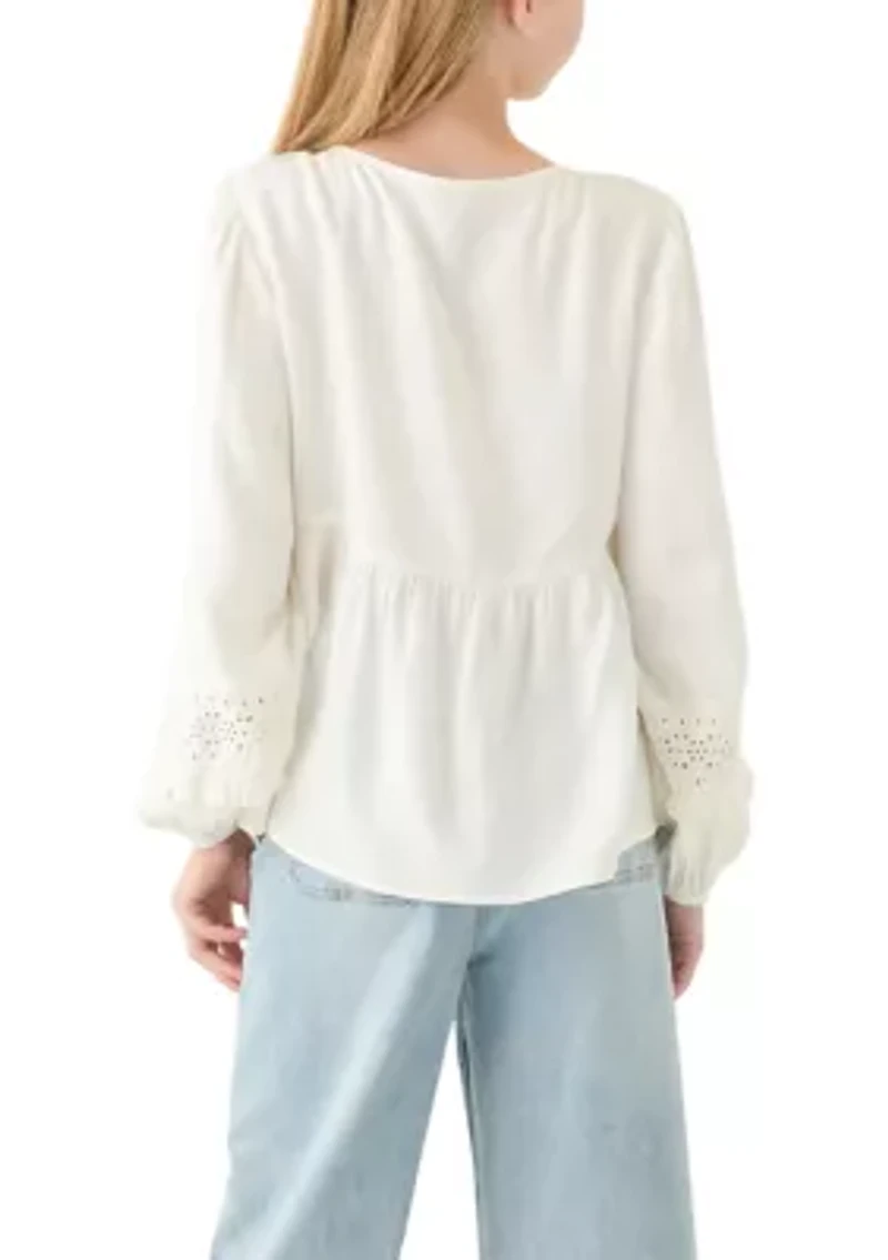 Girls 7-16 Cotton Eyelet Trim Top