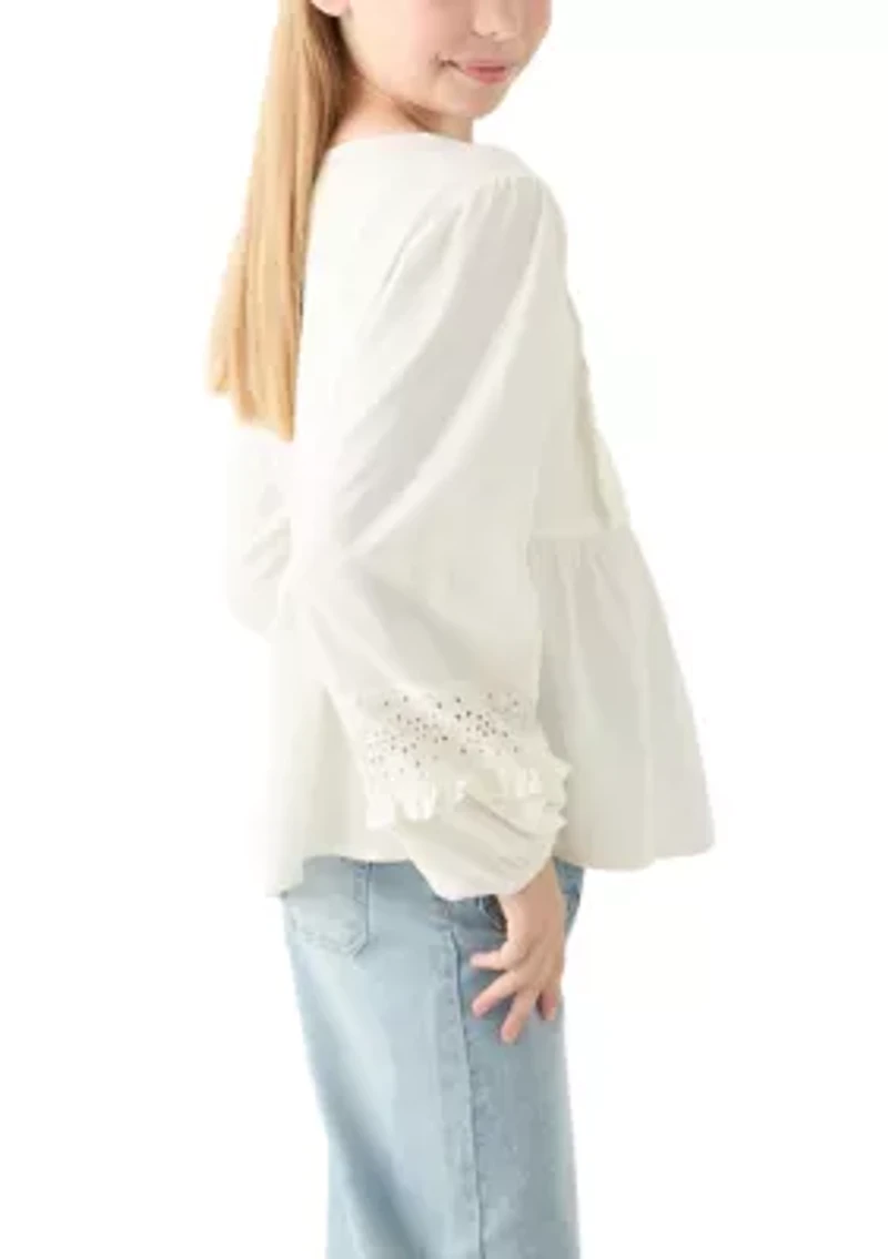 Girls 7-16 Cotton Eyelet Trim Top