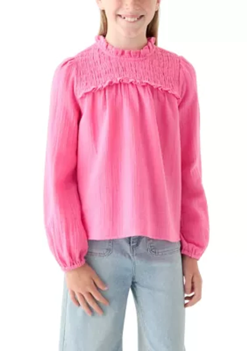 Girls 7-16 Long Sleeve Ruffle Neck Top