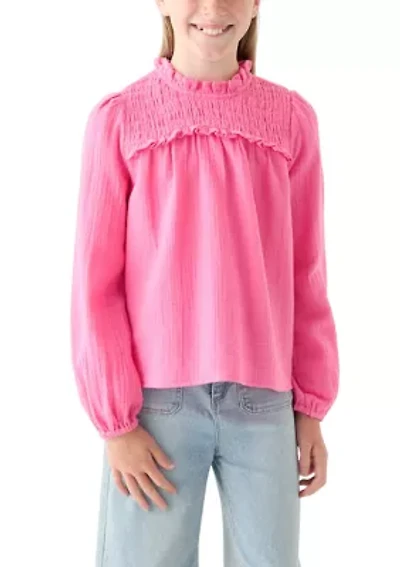 Girls 7-16 Long Sleeve Ruffle Neck Top