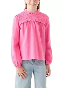 Girls 7-16 Long Sleeve Ruffle Neck Top