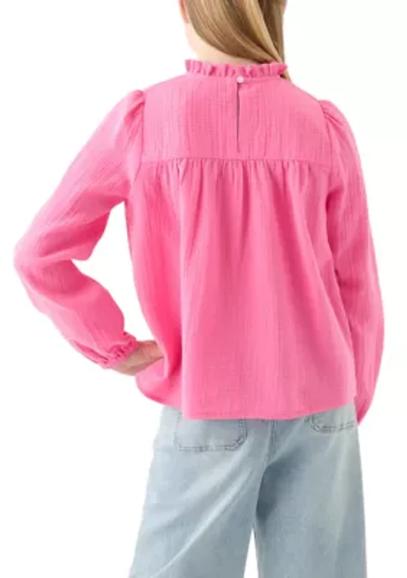 Girls 7-16 Long Sleeve Ruffle Neck Top