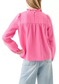 Girls 7-16 Long Sleeve Ruffle Neck Top