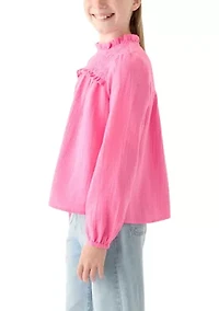 Girls 7-16 Long Sleeve Ruffle Neck Top