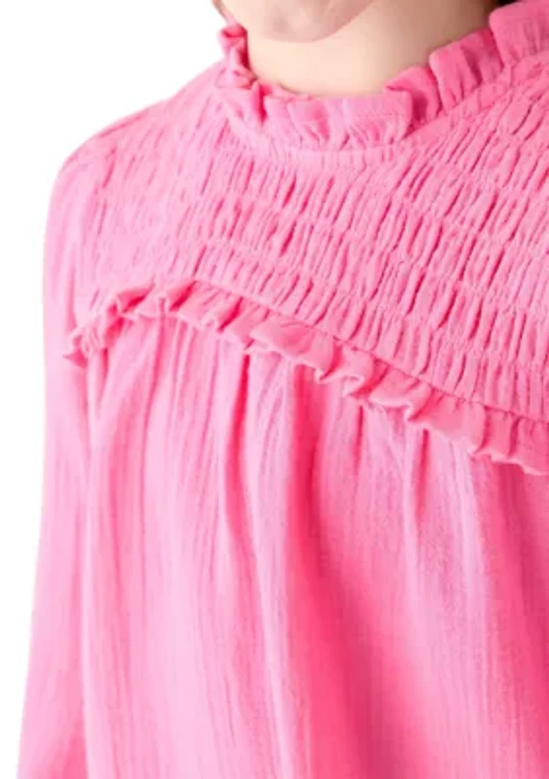 Girls 7-16 Long Sleeve Ruffle Neck Top