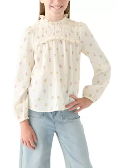 Girls 7-16 Long Sleeve Ruffle Neck Printed Top