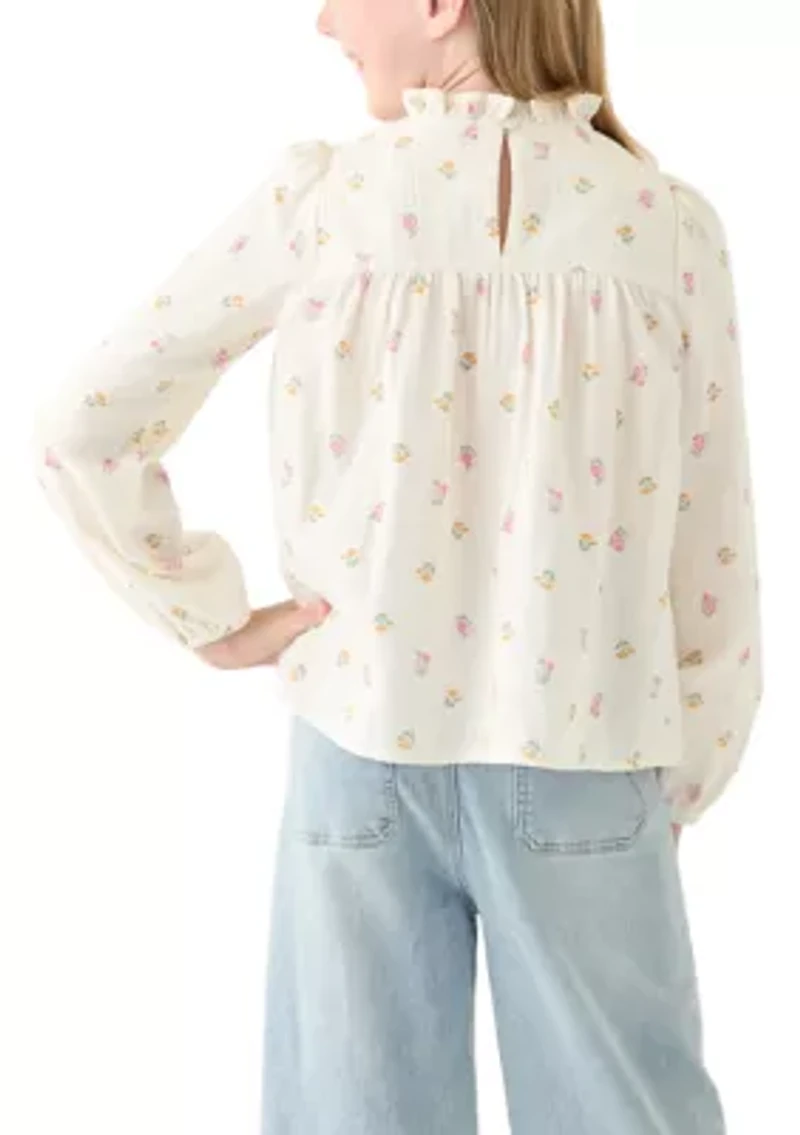 Girls 7-16 Long Sleeve Ruffle Neck Printed Top