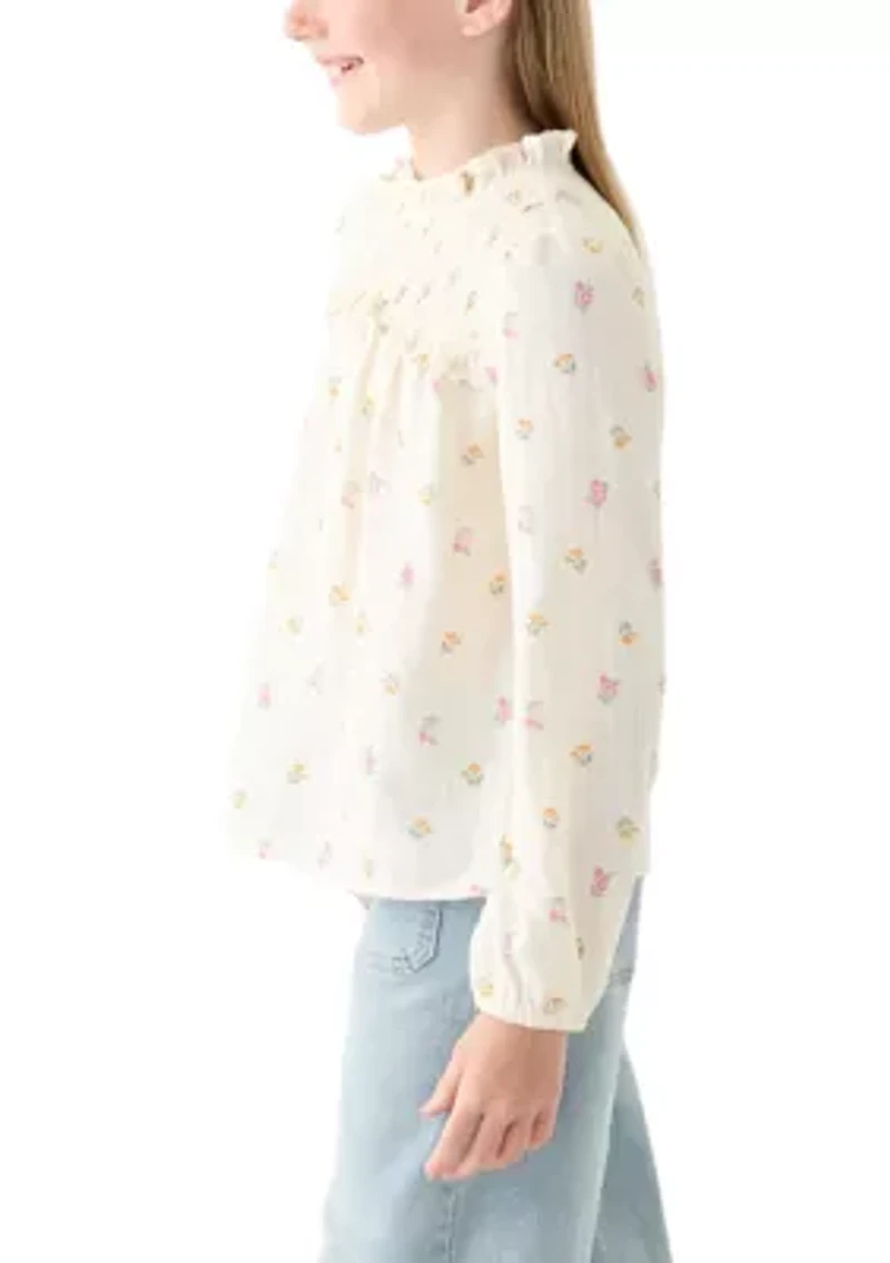 Girls 7-16 Long Sleeve Ruffle Neck Printed Top