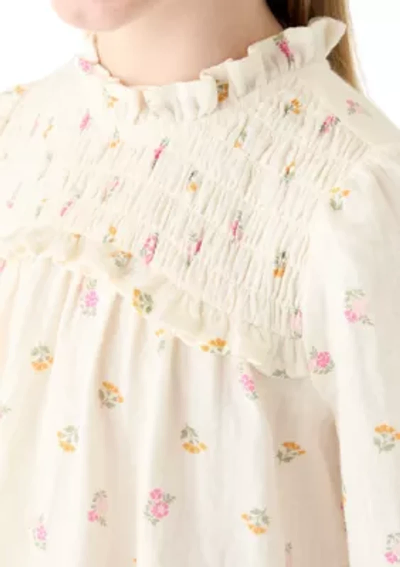Girls 7-16 Long Sleeve Ruffle Neck Printed Top