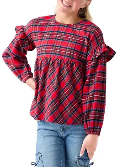 Girls 7-16 Long Sleeve Ruffle Shoulder Plaid Yarn Dye Top