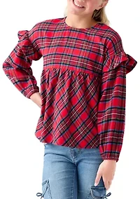 Girls 7-16 Long Sleeve Ruffle Shoulder Plaid Yarn Dye Top