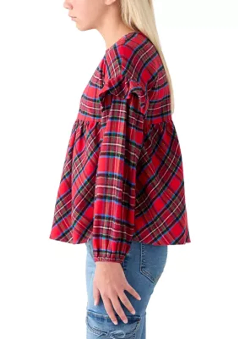 Girls 7-16 Long Sleeve Ruffle Shoulder Plaid Yarn Dye Top