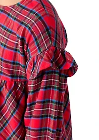 Girls 7-16 Long Sleeve Ruffle Shoulder Plaid Yarn Dye Top