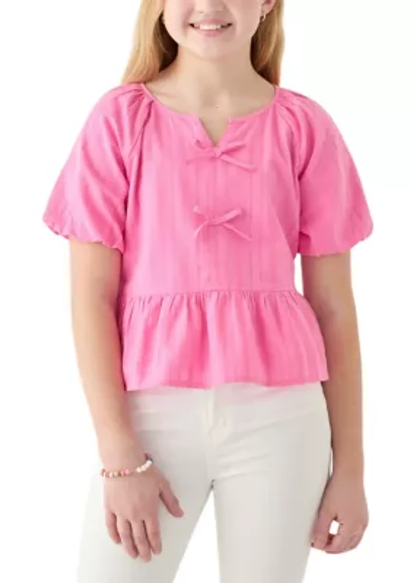 Girls 7-16 Bow Front Puff Sleeve Babydoll Top