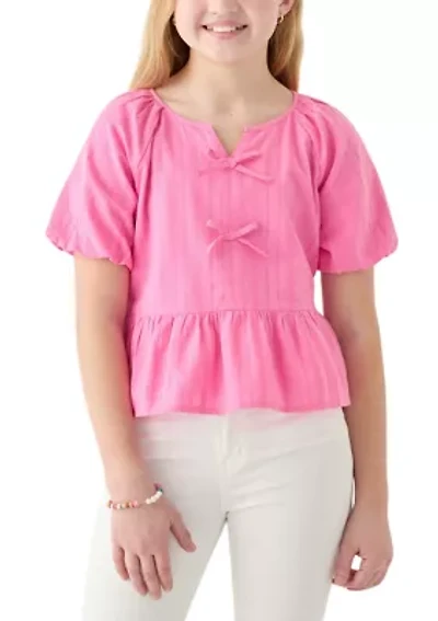 Girls 7-16 Bow Front Puff Sleeve Babydoll Top