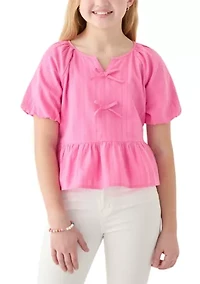 Girls 7-16 Bow Front Puff Sleeve Babydoll Top