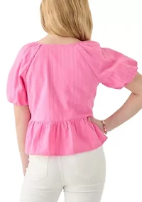 Girls 7-16 Bow Front Puff Sleeve Babydoll Top