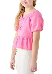 Girls 7-16 Bow Front Puff Sleeve Babydoll Top