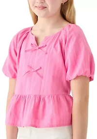 Girls 7-16 Bow Front Puff Sleeve Babydoll Top