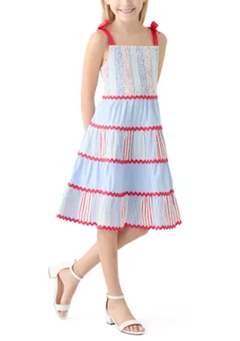 Girls 7-16 Bow Strap Pattern Mix Dress
