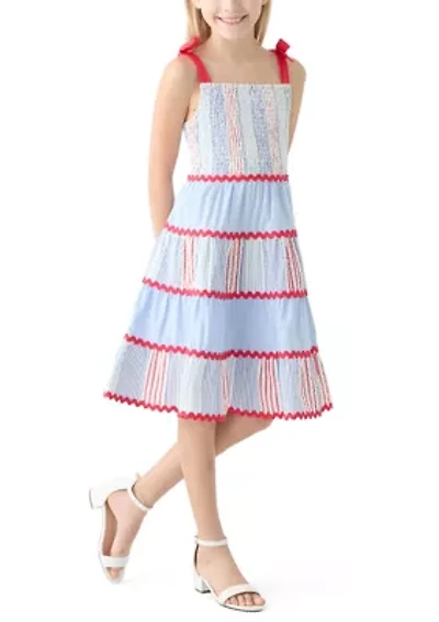 Girls 7-16 Bow Strap Pattern Mix Dress